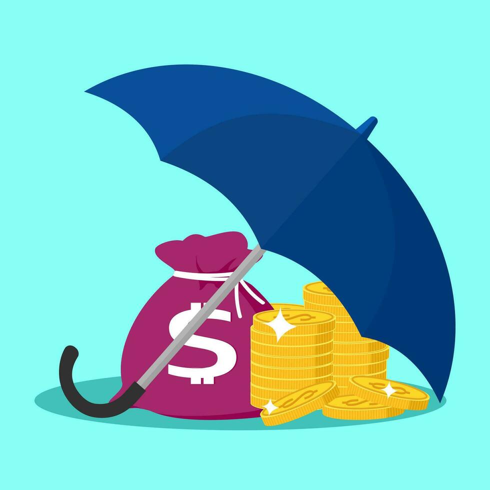 Umbrella as a shield to protect the gold coins. Protection money concept. Safe and secure vector