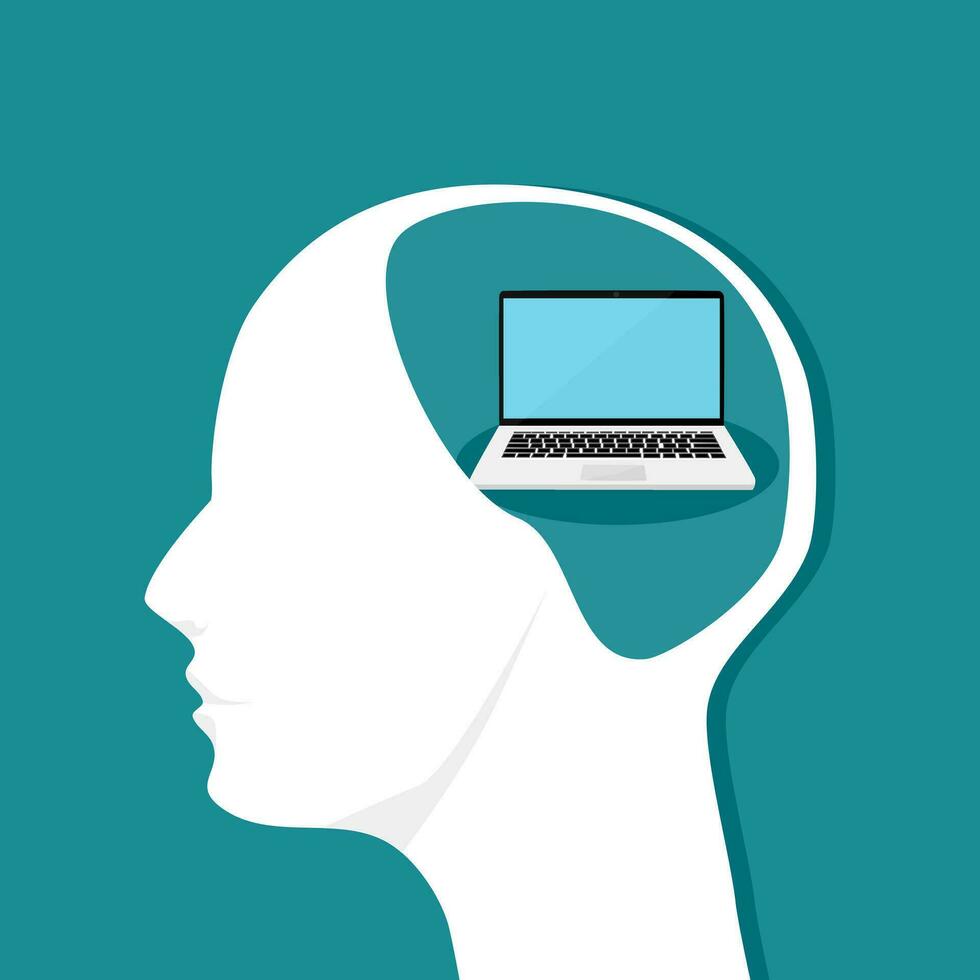 A laptop in the human head. Think about work or technology. Vector image