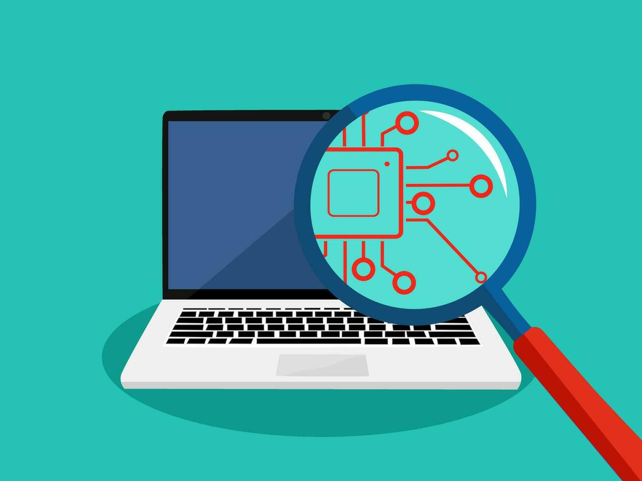 Processing circuit in a magnifying glass and a laptop. Computer processing vector