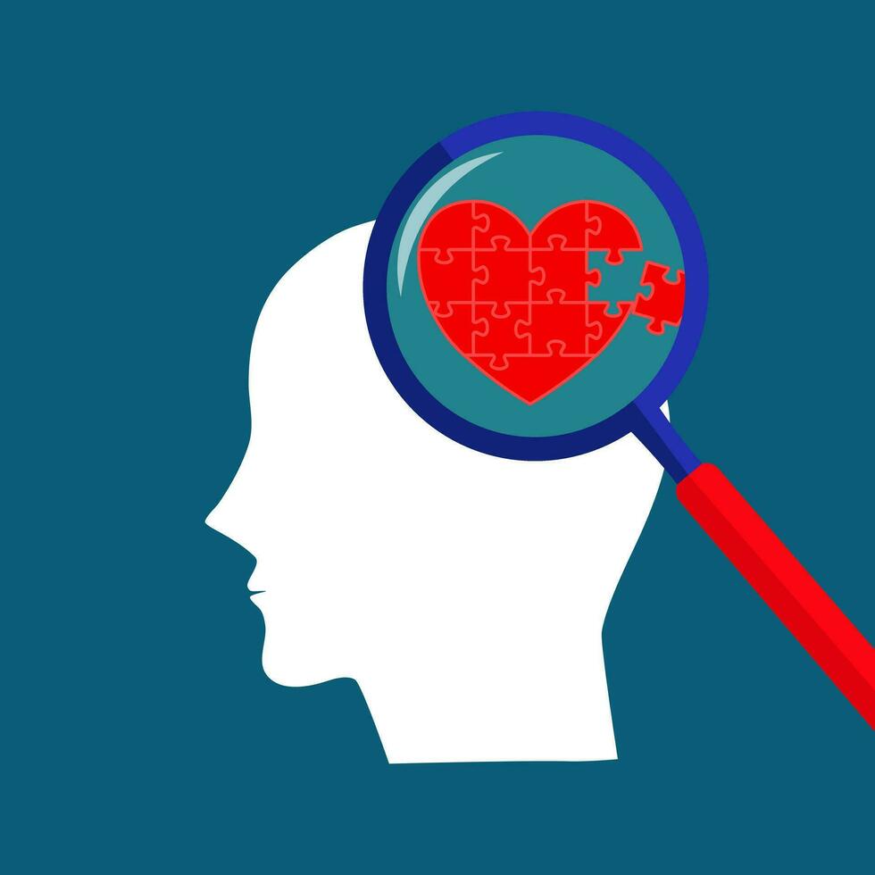 el corazón en el humano cabeza. el pensamientos en el cerebro son relacionado a el corazón. vector