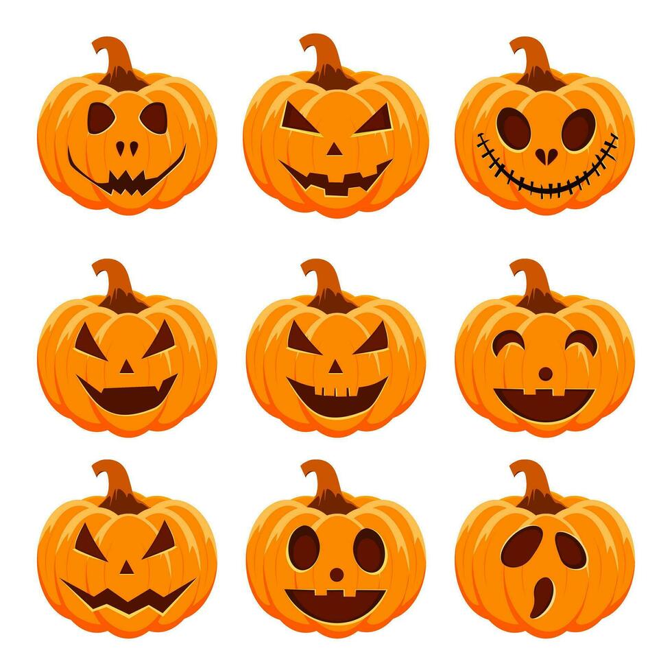 Set of halloween pumpkins .funny faces. Autumn holidays.isolated on background .Vector illustration vector