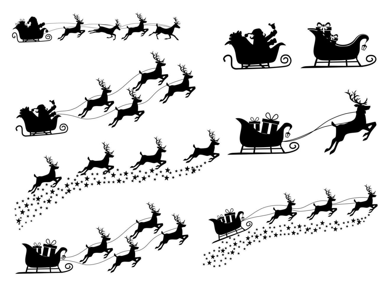 set of Silhouette Santa Claus on a reindeer sleigh. isolate on white background. Vector