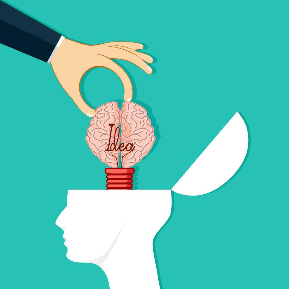 Hands put the brain bulb in the human head. Creative change. Vector illustration