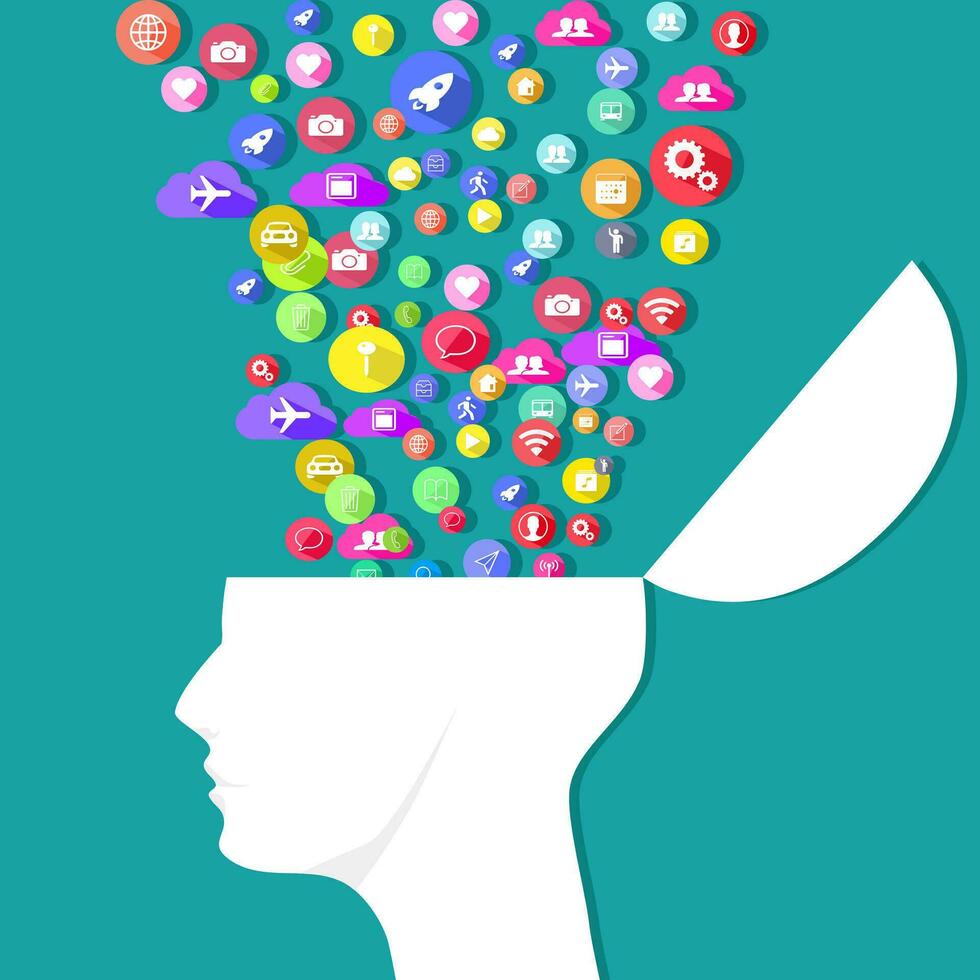 Information and communication icons come out of human heads. Concept of communication vector