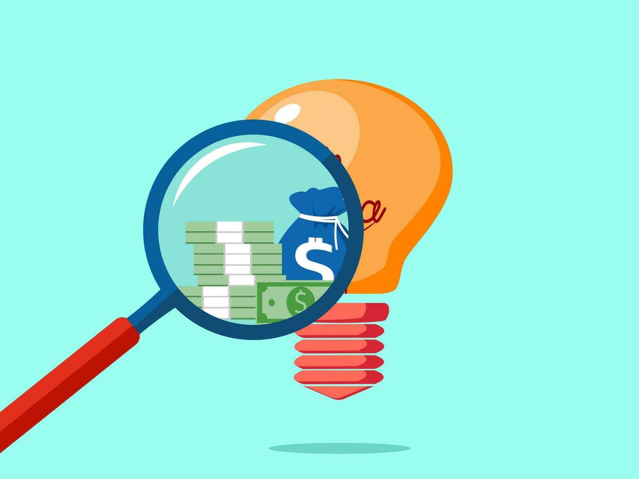 Magnifier and light bulb. Creative ideas that make money or profit vector