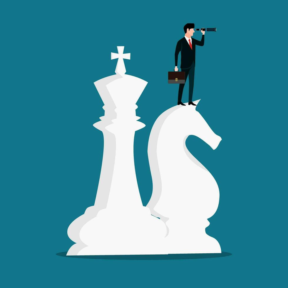 Businessman on top of horse chess piece using telescope looking for opportunities vector