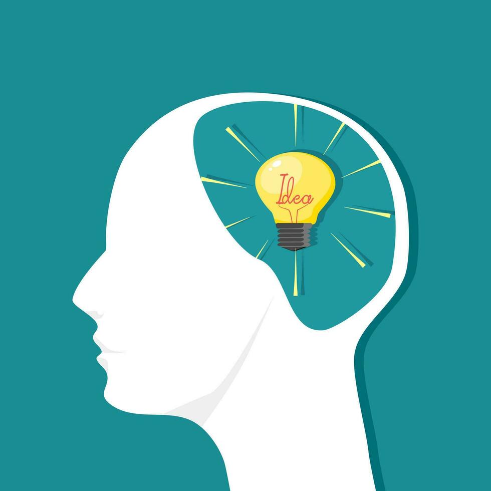 A light bulb in the human head. Clear idea. Vector illustration