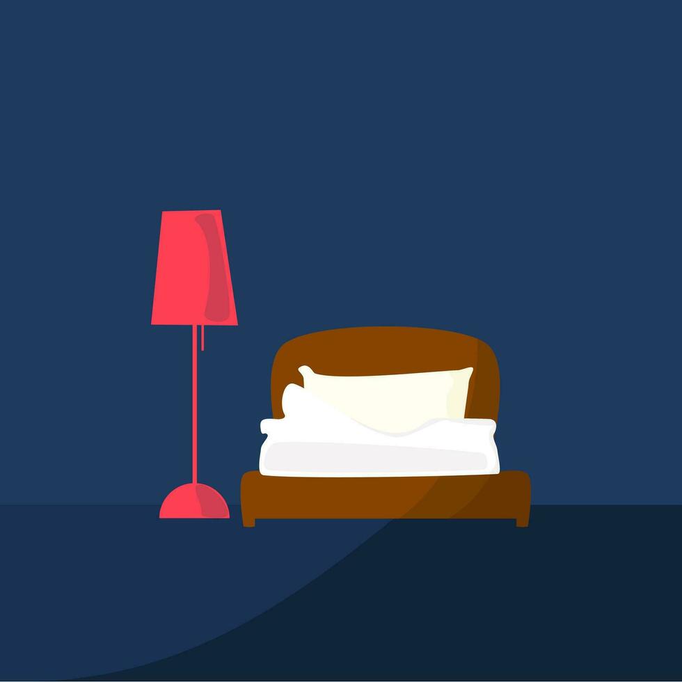 Bedroom at night with a bed and a lamp. Vector illustration eps