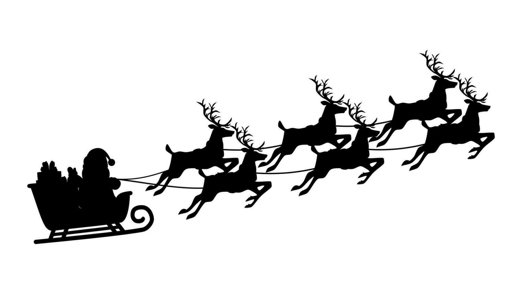 Silhouette of santa claus with reindeer and gifts Christmas season. Vector illustration