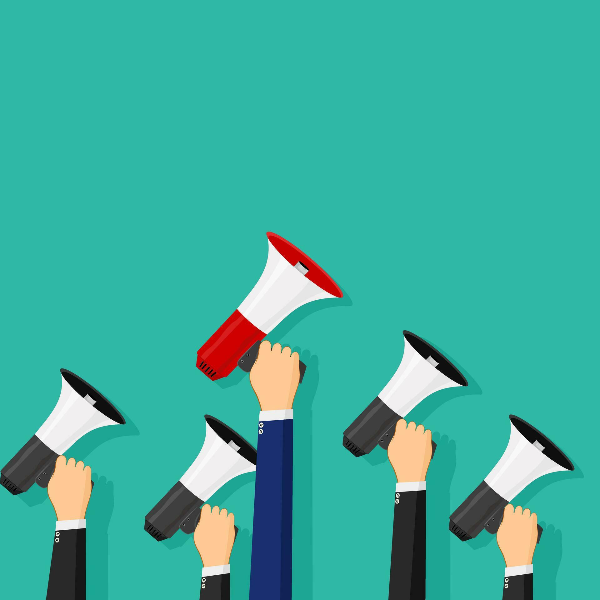 The hands and the red megaphone are in the black megaphone group