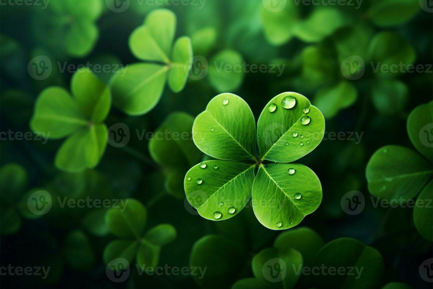 AI generated Green festivity Background for St Patricks Day with vibrant clover leaves photo