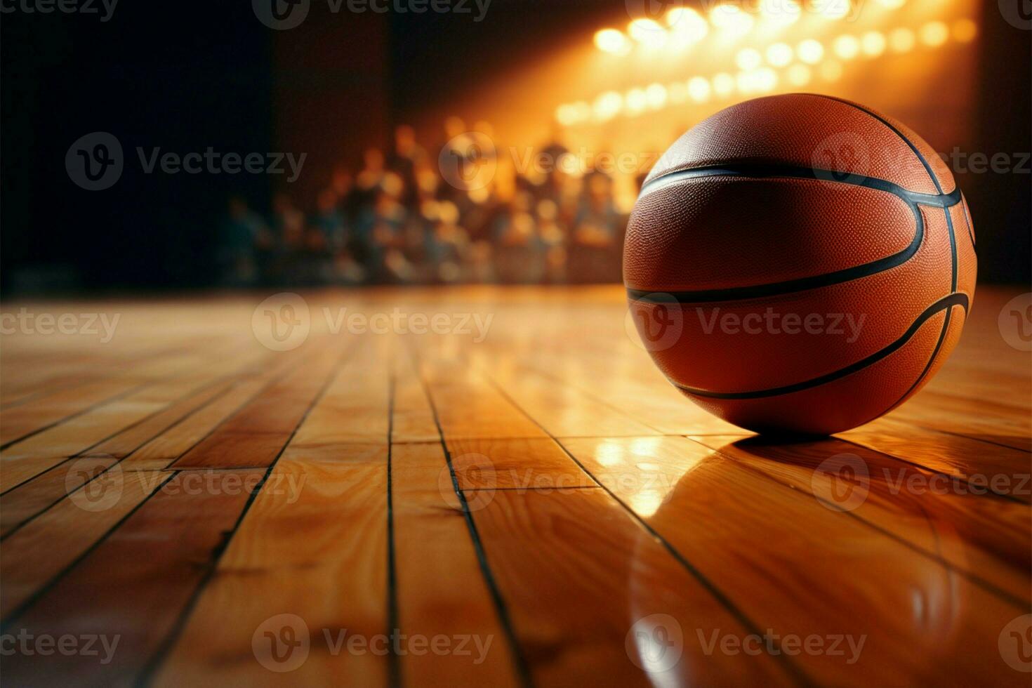 ai generado aros intensidad baloncesto torneo en un texturizado madera Corte antecedentes foto