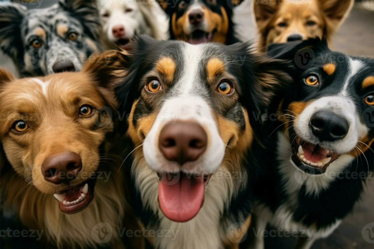 ai generado patas y poses grupo de perros poses para un juguetón selfie foto