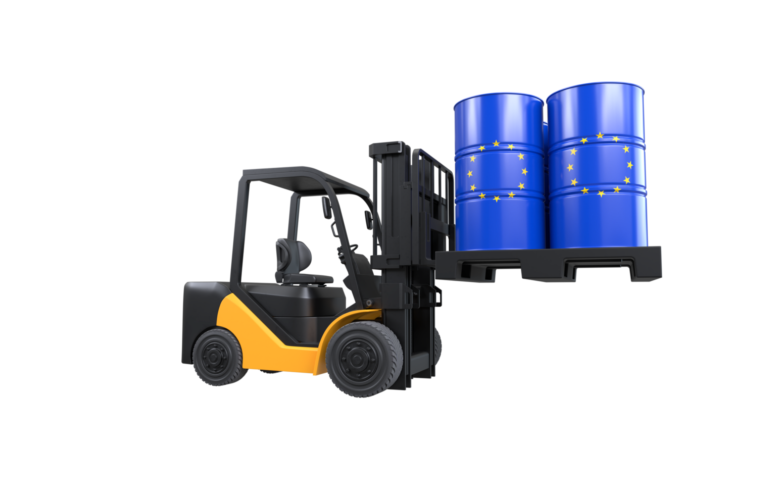 Forklift lifting fuel tank with European Union flag on transparent background, PNG file