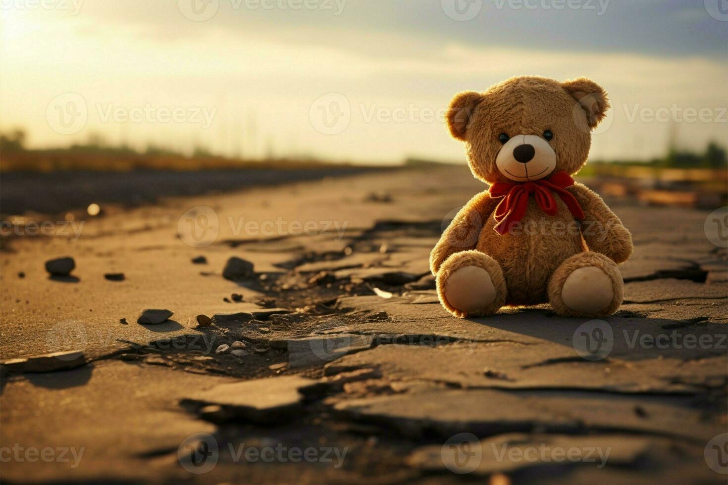 AI generated Deserted joy Broken bear toy on a road, a sad background photo