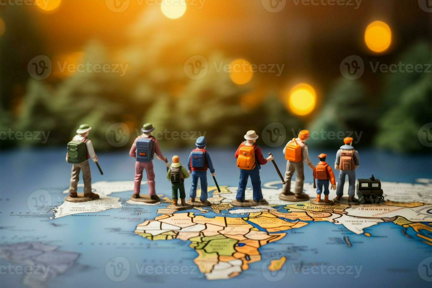 AI generated Worldly exploration Miniature figures walking on a map, travel concept photo