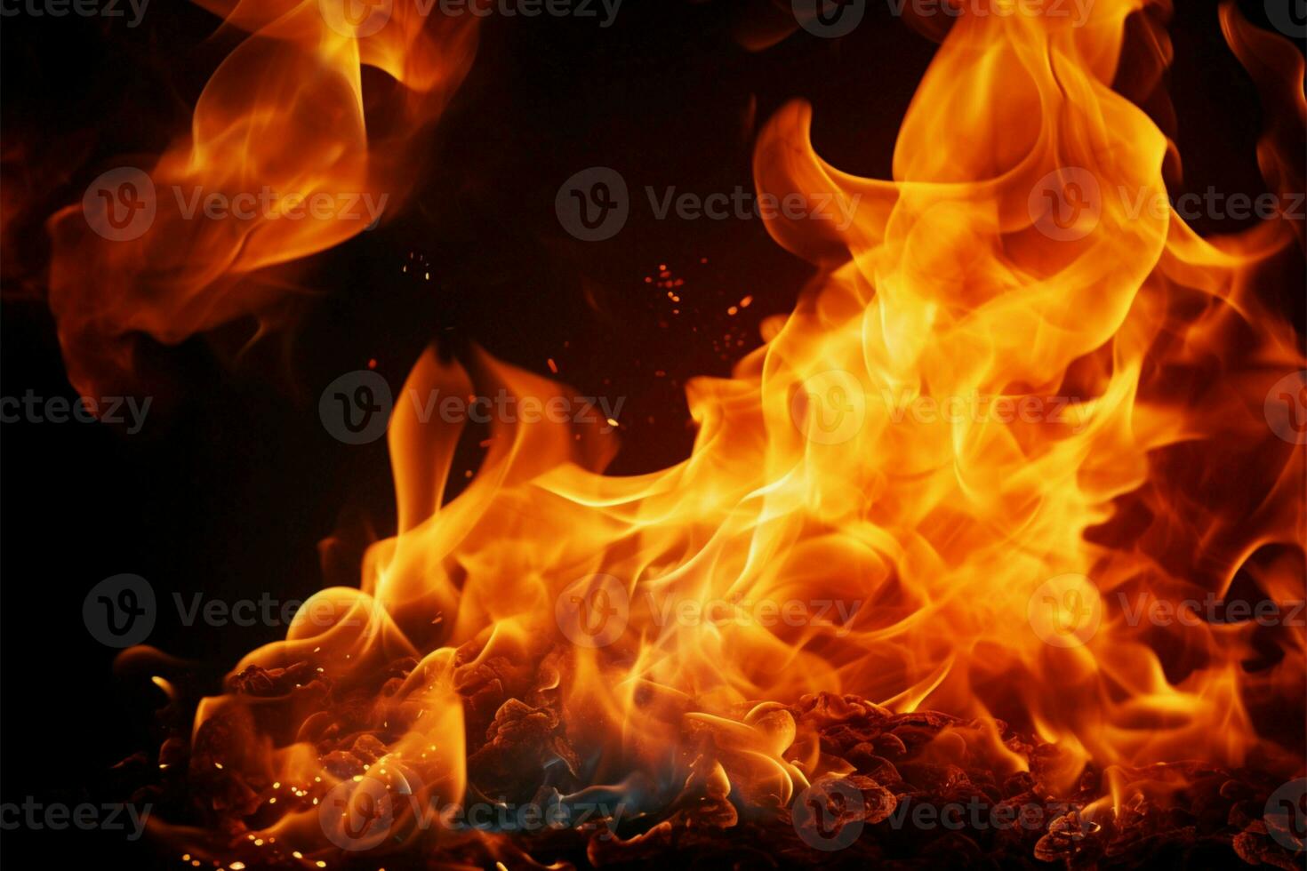 AI generated Intense fire Flames closeup on a black isolated background photo