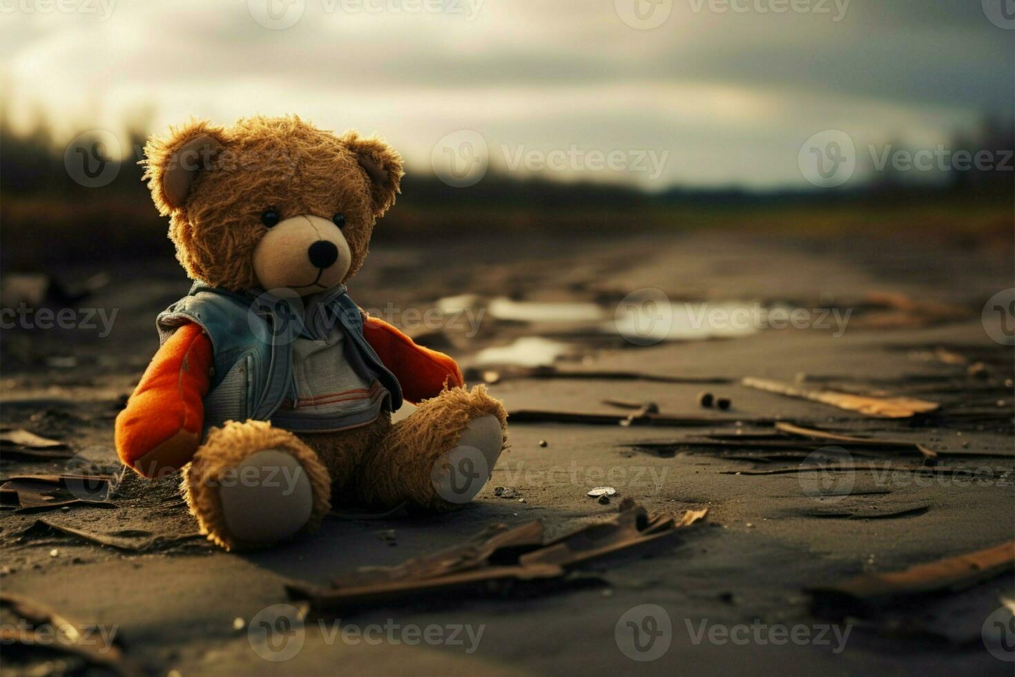 AI generated Abandoned play Lonely, broken bear toy on a desolate background photo