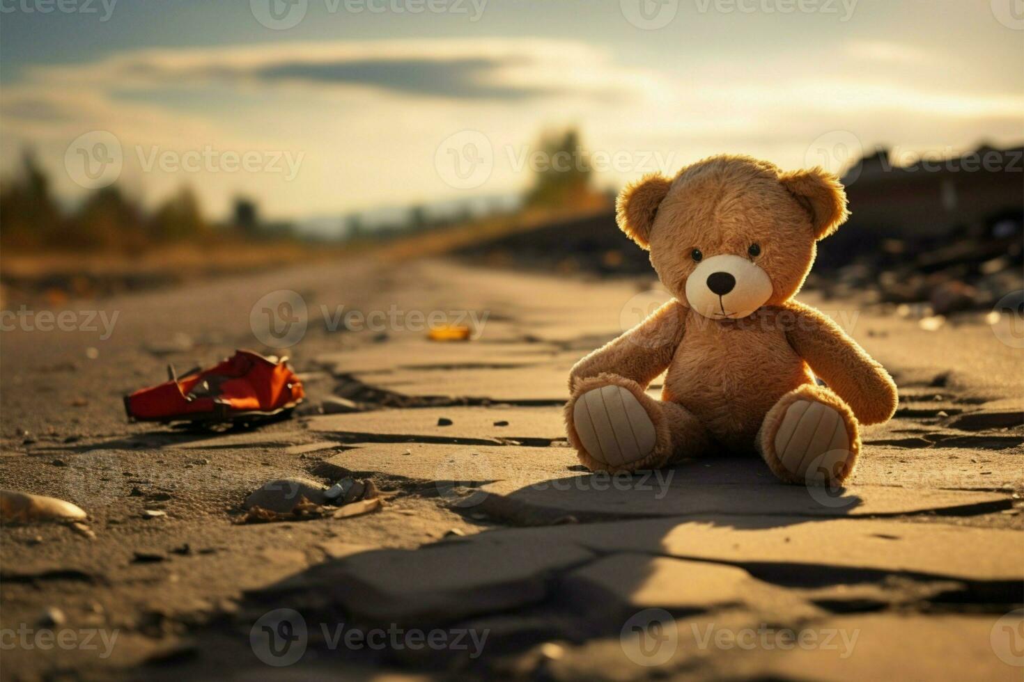 AI generated Deserted joy Broken bear toy on a road, a sad background photo