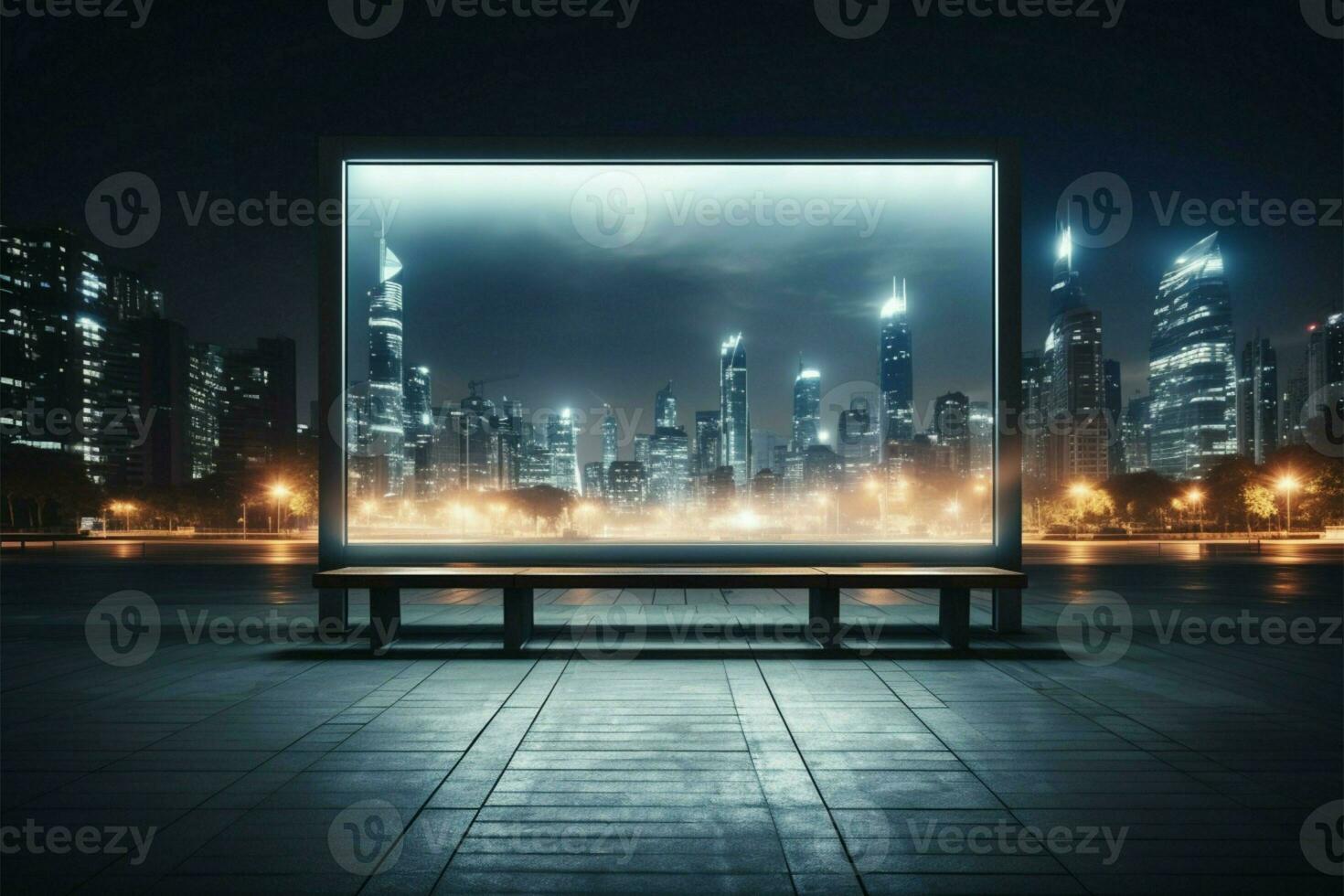 ai generado ciudad luces fondo al aire libre espacio marco firmar cartelera a noche foto