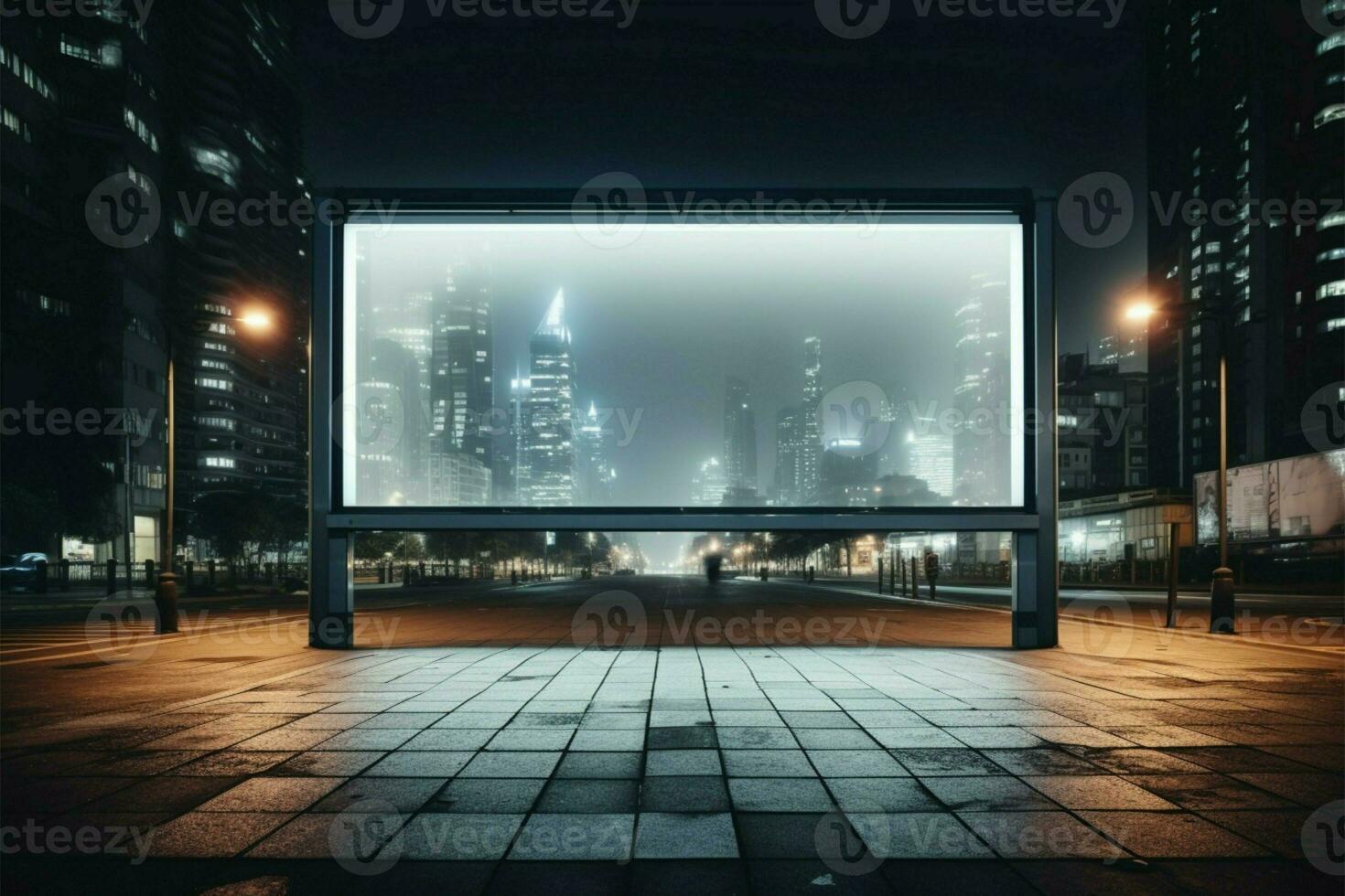 AI generated Commercial display Outdoor billboard frame for city advertisements at night photo