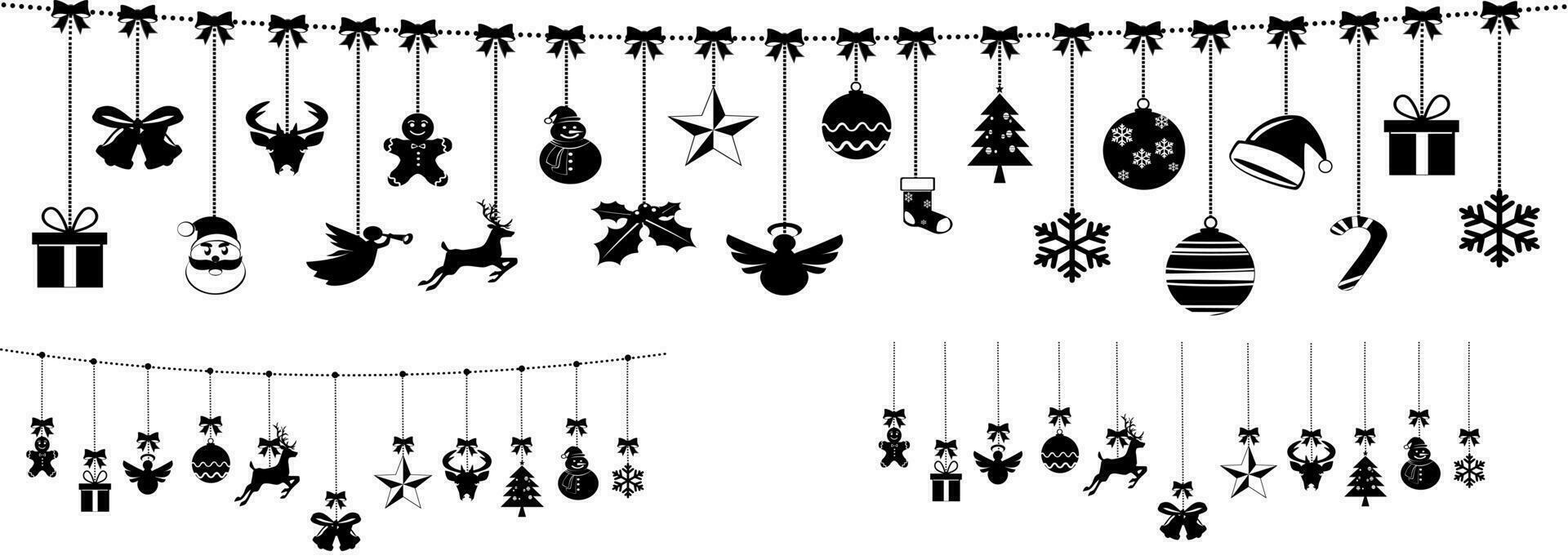 collection of christmas ornaments hanging rope isolated on background. Silhouette vector illustration