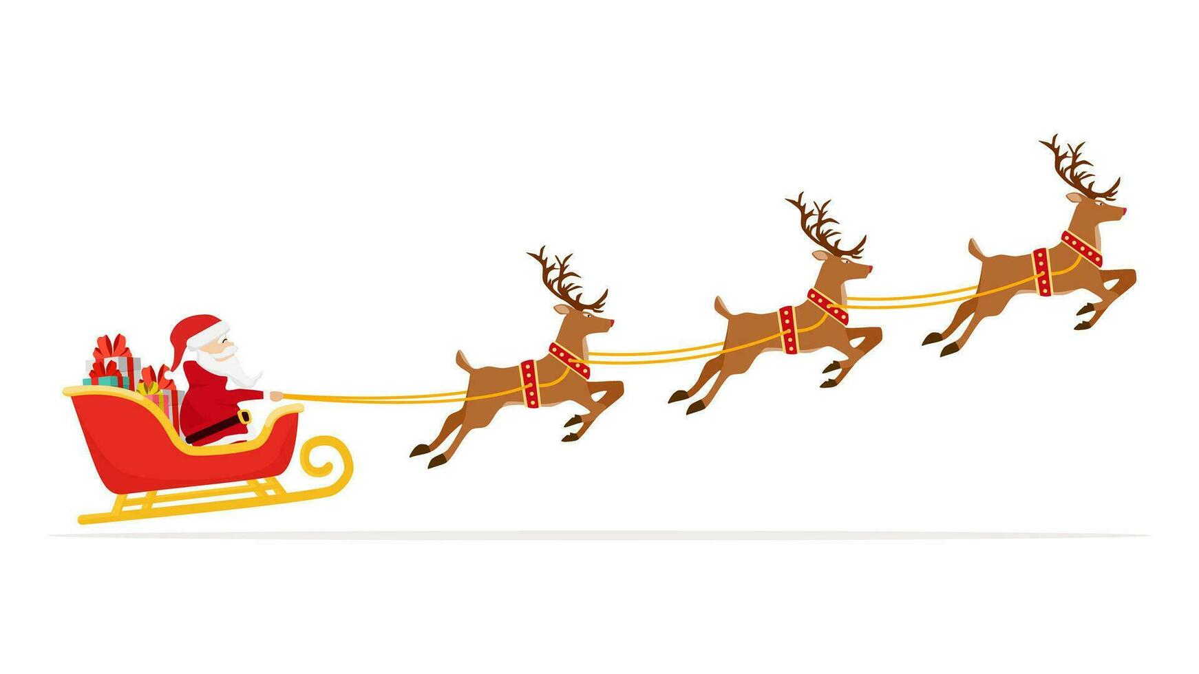 Santa Claus flying in sleigh with gifts and reindeer. Christmas and New Year celebration vector
