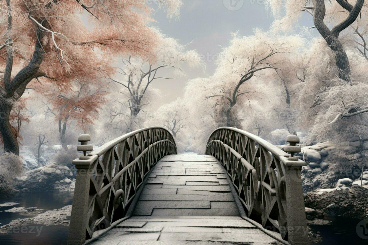 AI generated Frozen tranquility Botanical garden winter scene with a bridge, snow covered trees photo