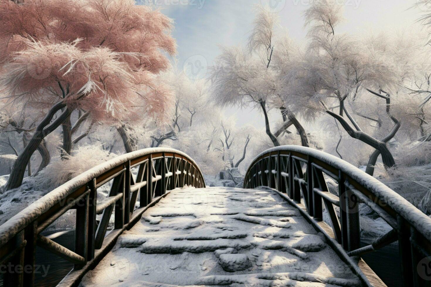 AI generated Frozen tranquility Botanical garden winter scene with a bridge, snow covered trees photo