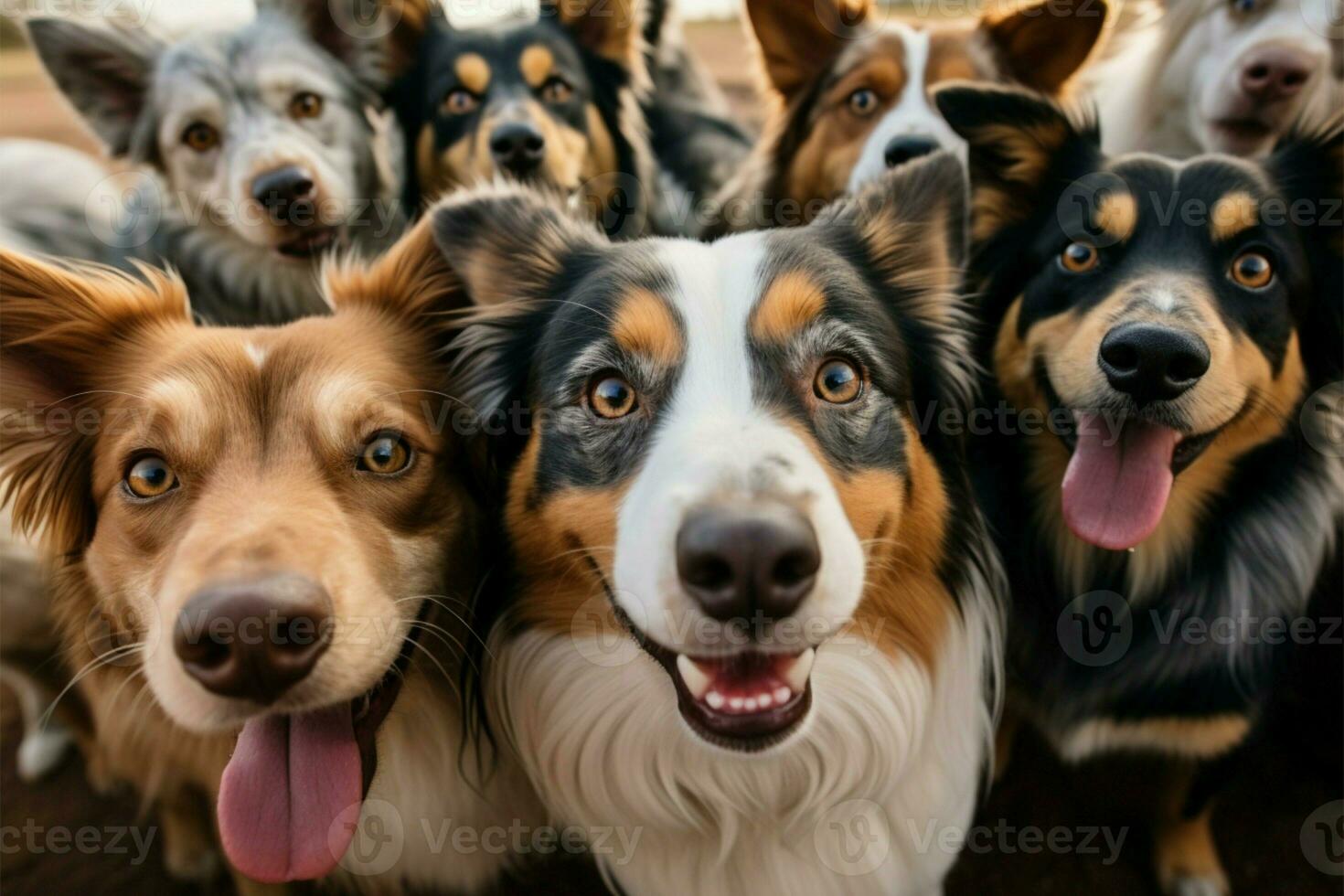 ai generado canino capturar grupo de perros toma un alegre selfie juntos foto