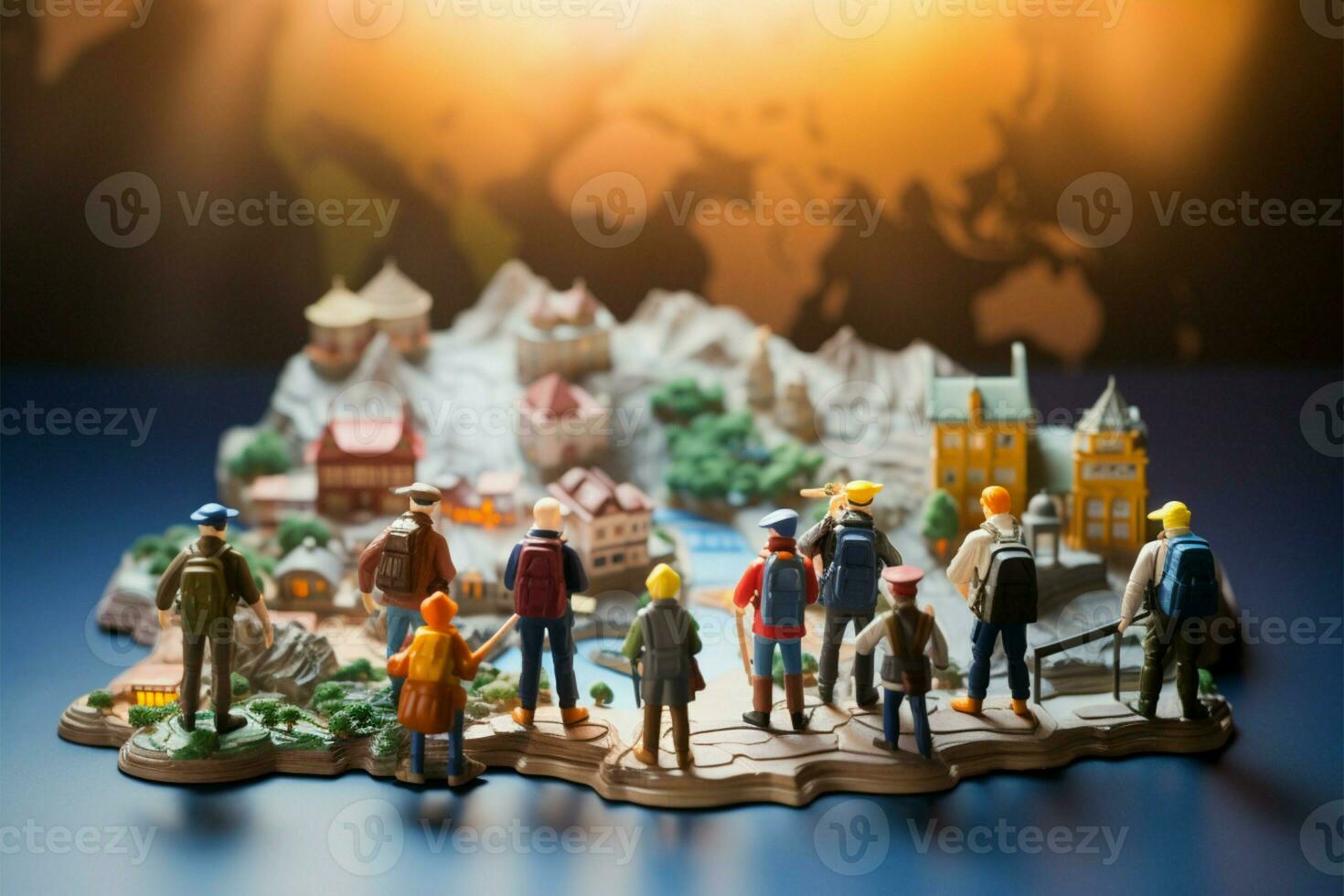 AI generated Travelers quest Miniature travelers explore the world map conceptually photo