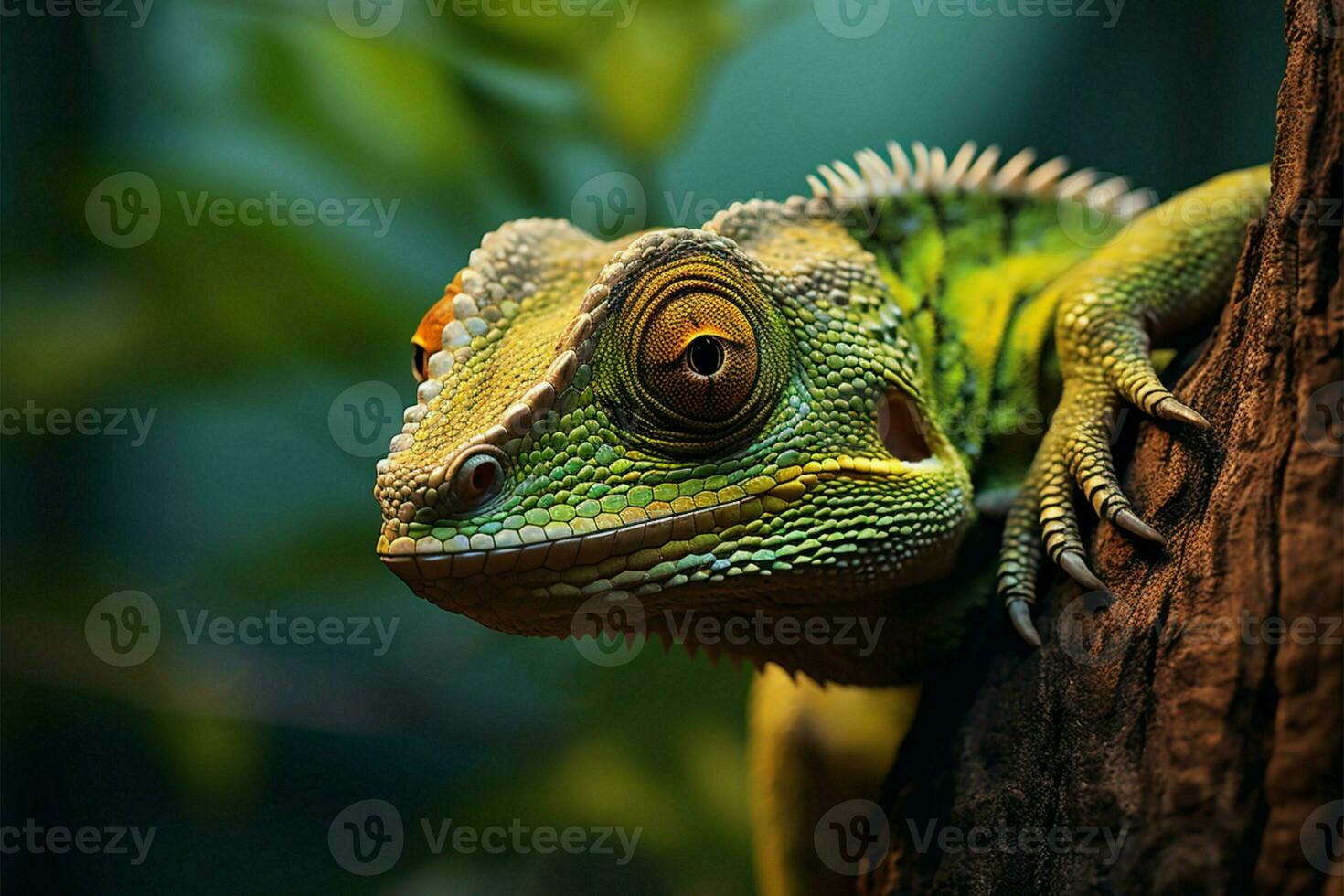 AI generated Close up reptile On a tree branch against stunning natural background photo
