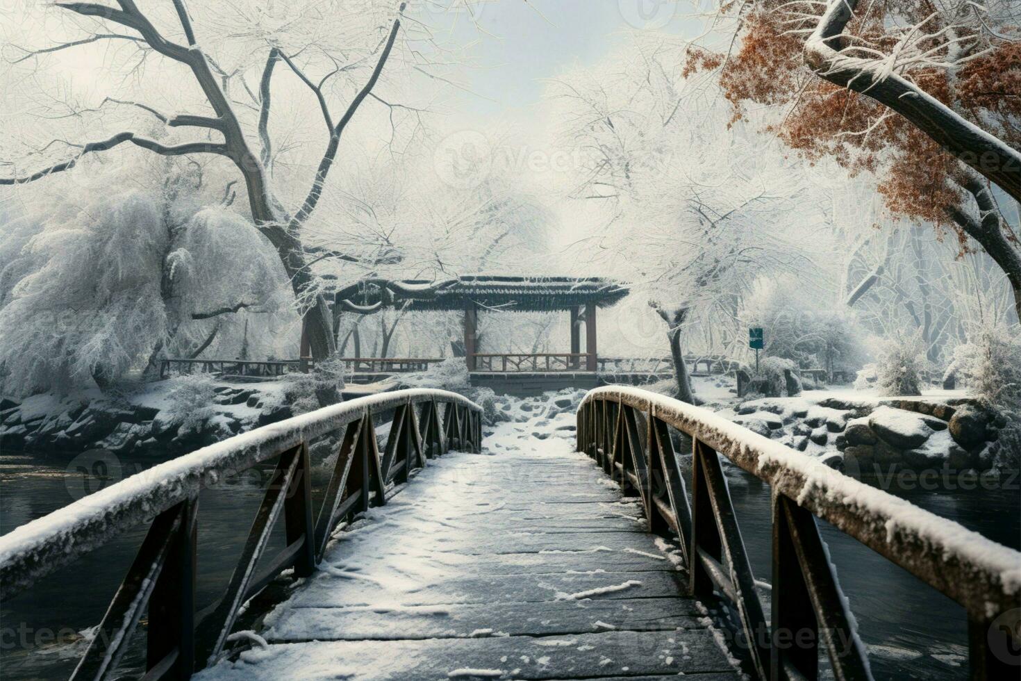 AI generated Snowy charm Winter scene at a botanical garden, frozen water, snow covered trees photo