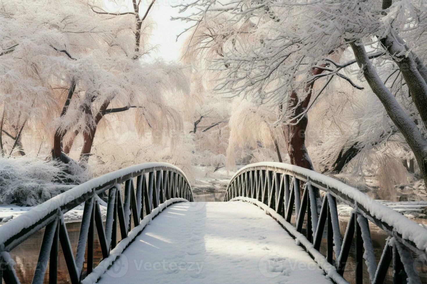 AI generated Frozen tranquility Botanical garden winter scene with a bridge, snow covered trees photo