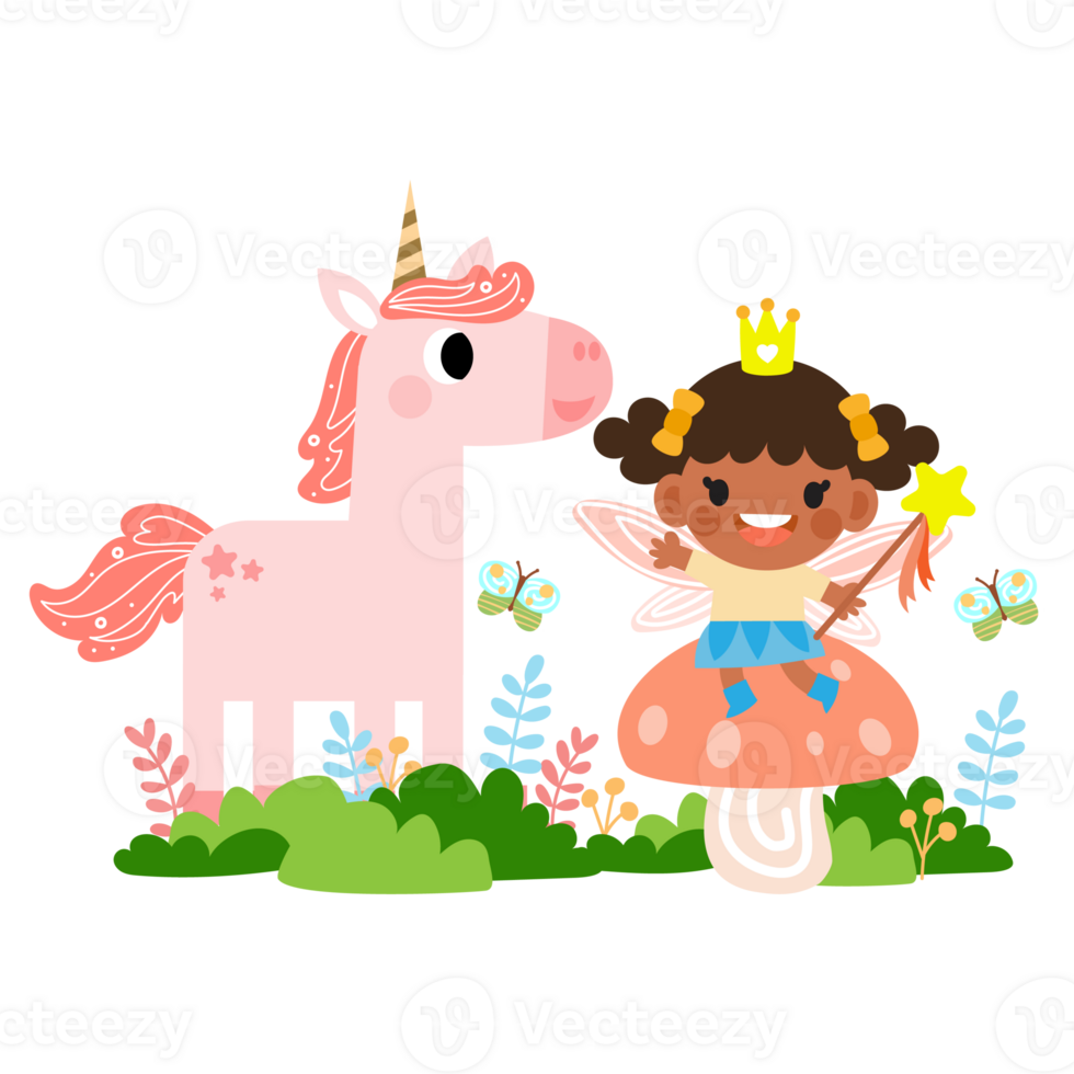 hada y unicornio ilustración con arcoíris, estrellas, corazones, nubes, en dibujos animados estilo png