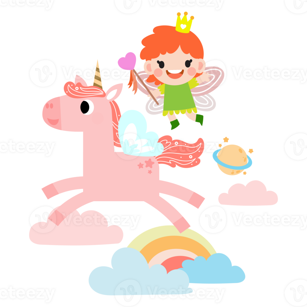 hada y unicornio ilustración con arcoíris, estrellas, corazones, nubes, en dibujos animados estilo png