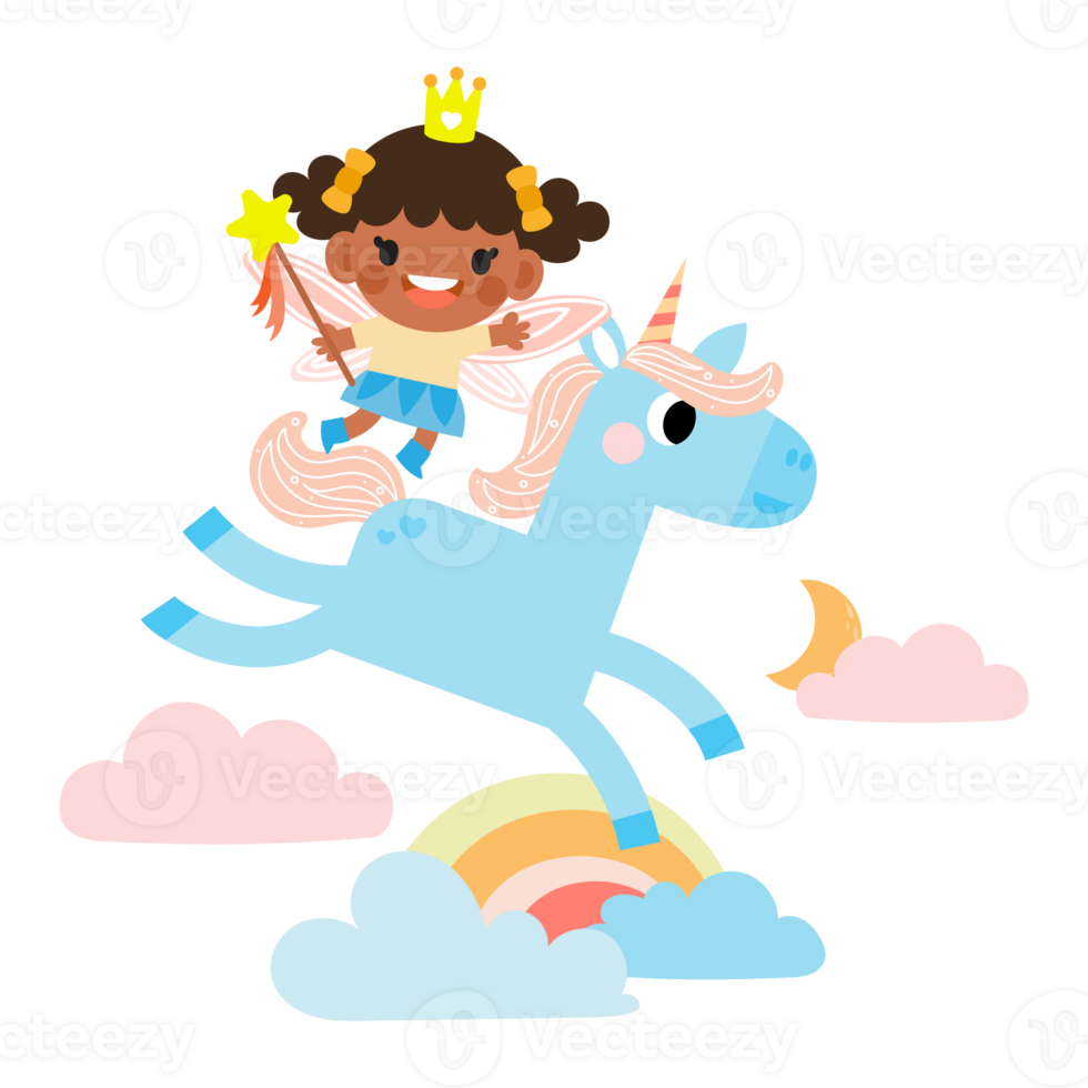 hada y unicornio ilustración con arcoíris, estrellas, corazones, nubes, en dibujos animados estilo png