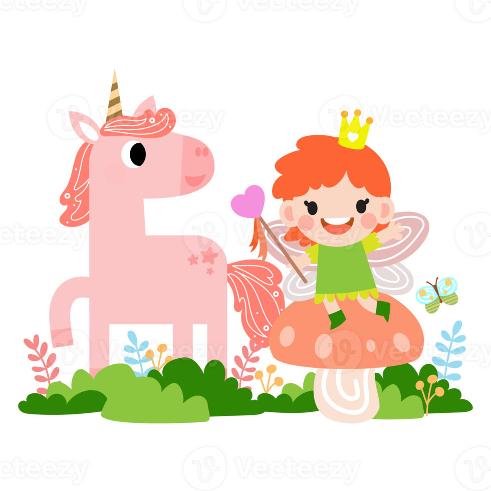 Fairy and Unicorn illustration with rainbow, stars, hearts, clouds, in cartoon style png