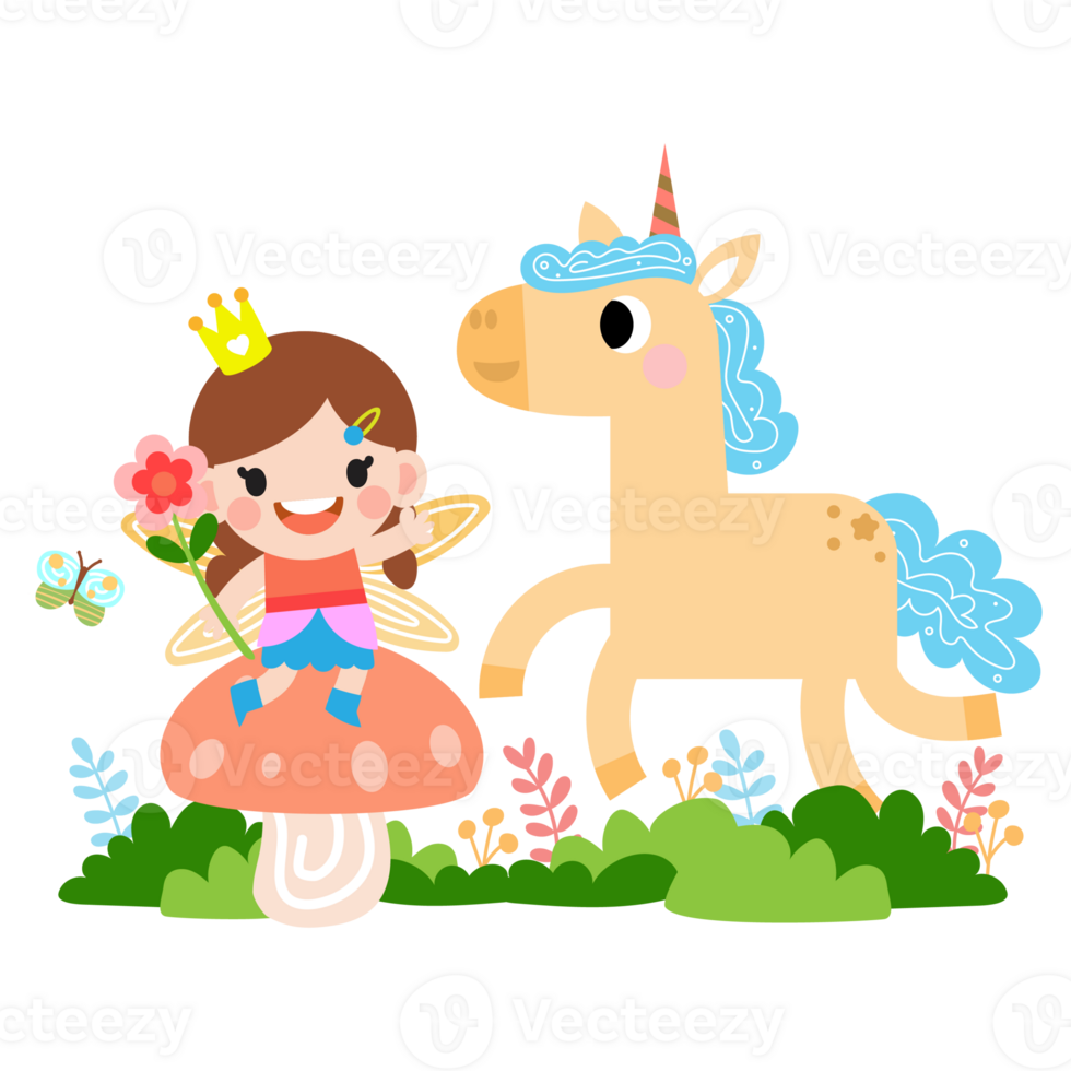 hada y unicornio ilustración con arcoíris, estrellas, corazones, nubes, en dibujos animados estilo png