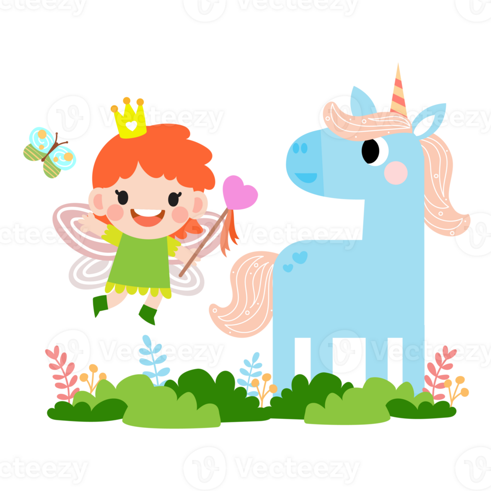 hada y unicornio ilustración con arcoíris, estrellas, corazones, nubes, en dibujos animados estilo png