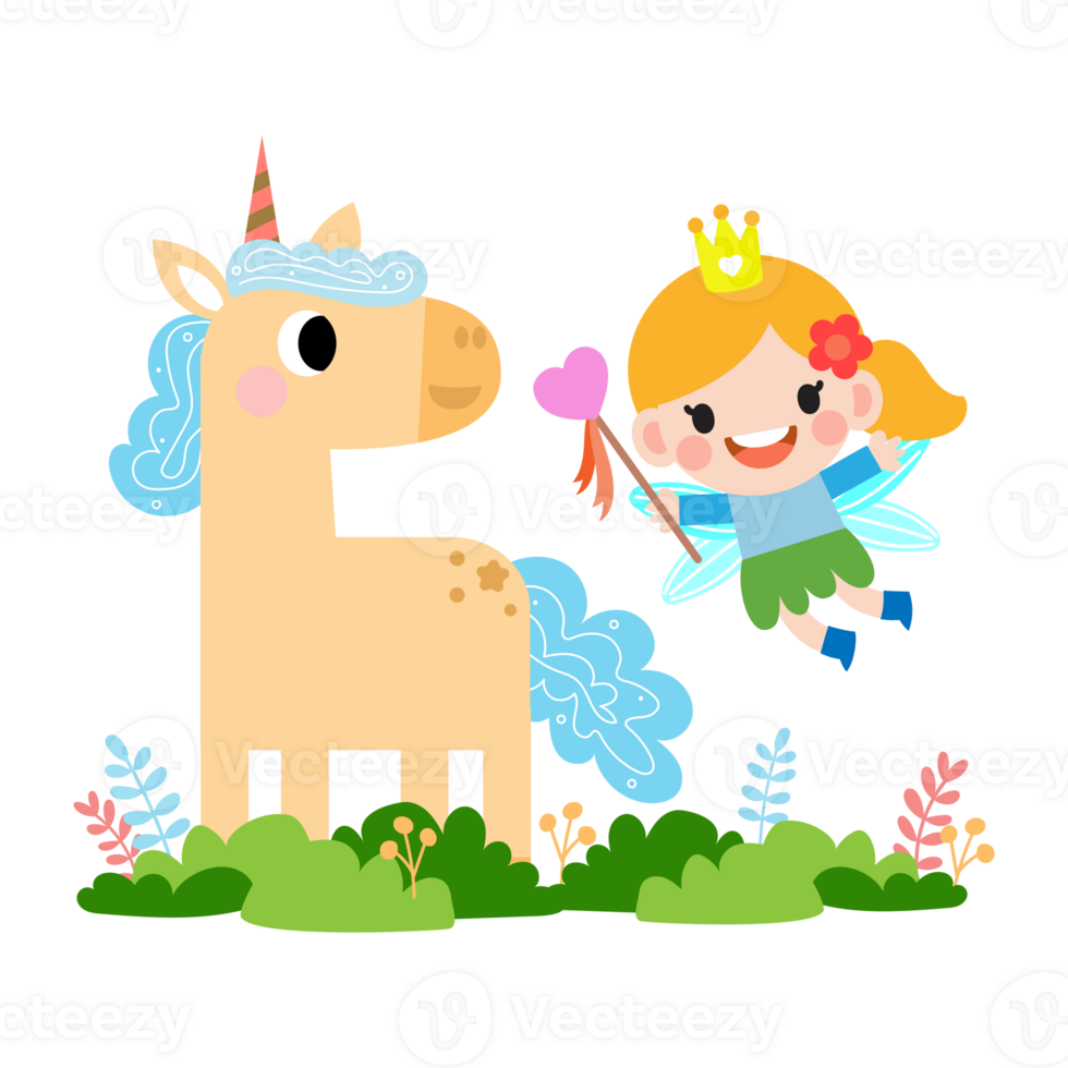 Fairy and Unicorn illustration with rainbow, stars, hearts, clouds, in cartoon style png