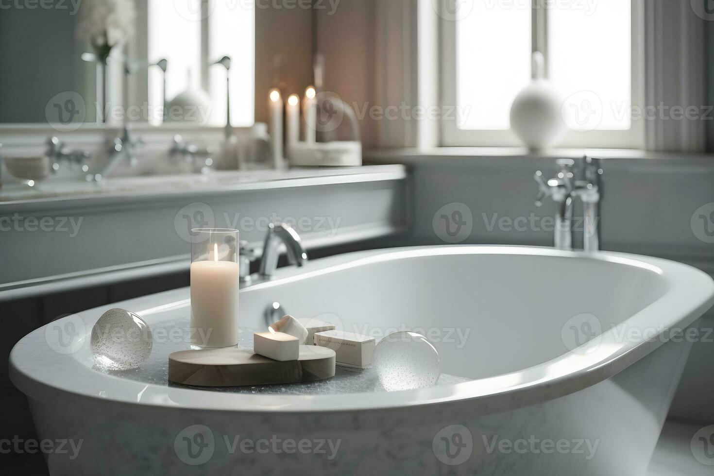 AI generated Modern interior design - bathroom in gray and wooden finishing. Neural network AI generated photo