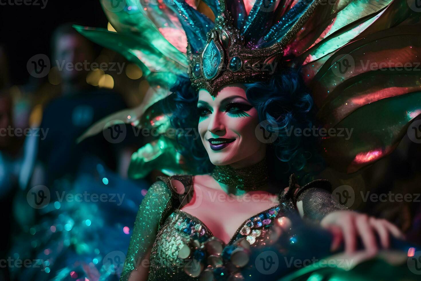 AI generated Woman in feather costume at carnival. Neural network AI generated photo