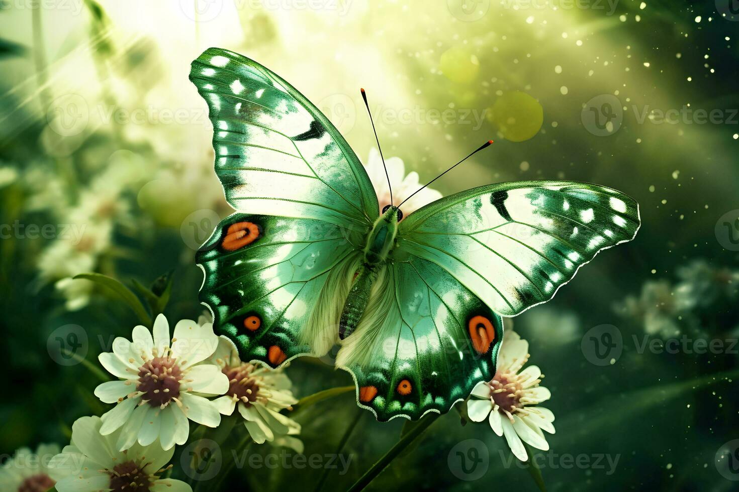 AI generated blossoming sakura. branch of blossoming sakura and bright blue morpho butterfly. Neural network AI generated photo