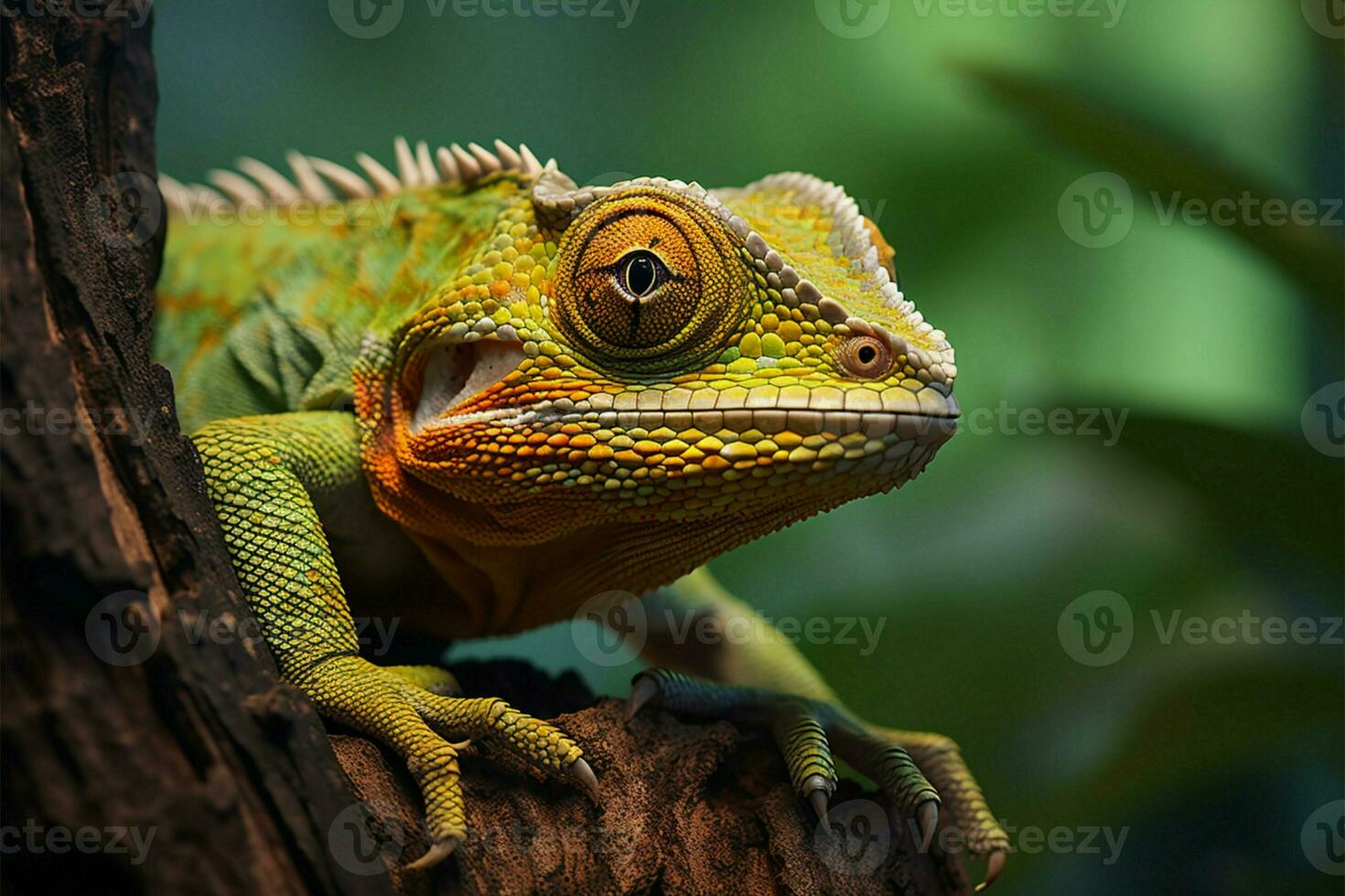 AI generated Close up reptile On a tree branch against stunning natural background photo