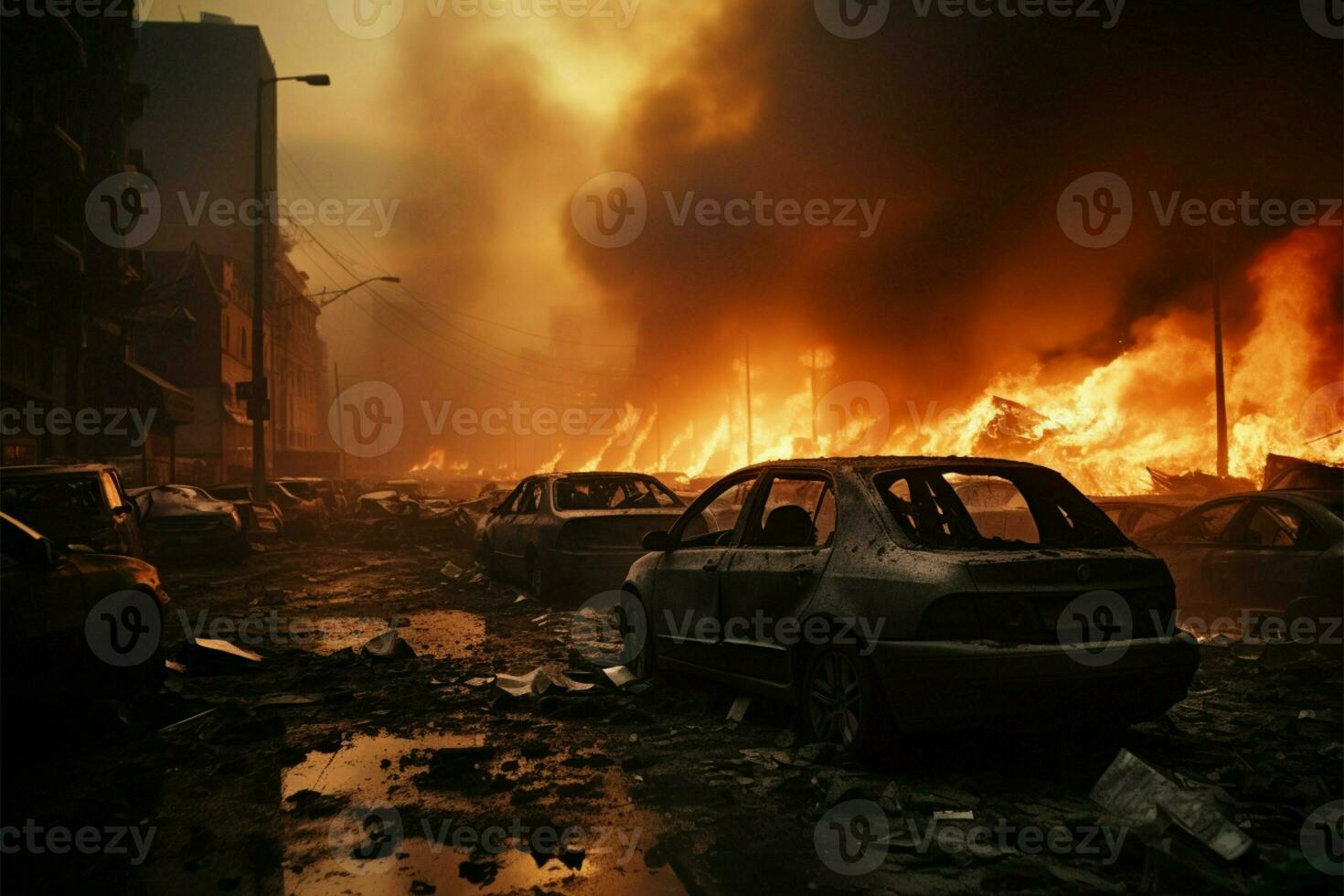 AI generated Urban chaos City street accident, car blaze, destruction, emergency response photo