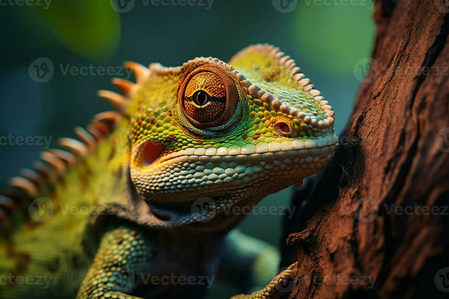 AI generated Nature encounter Reptile close up on tree branch, stunning background photo