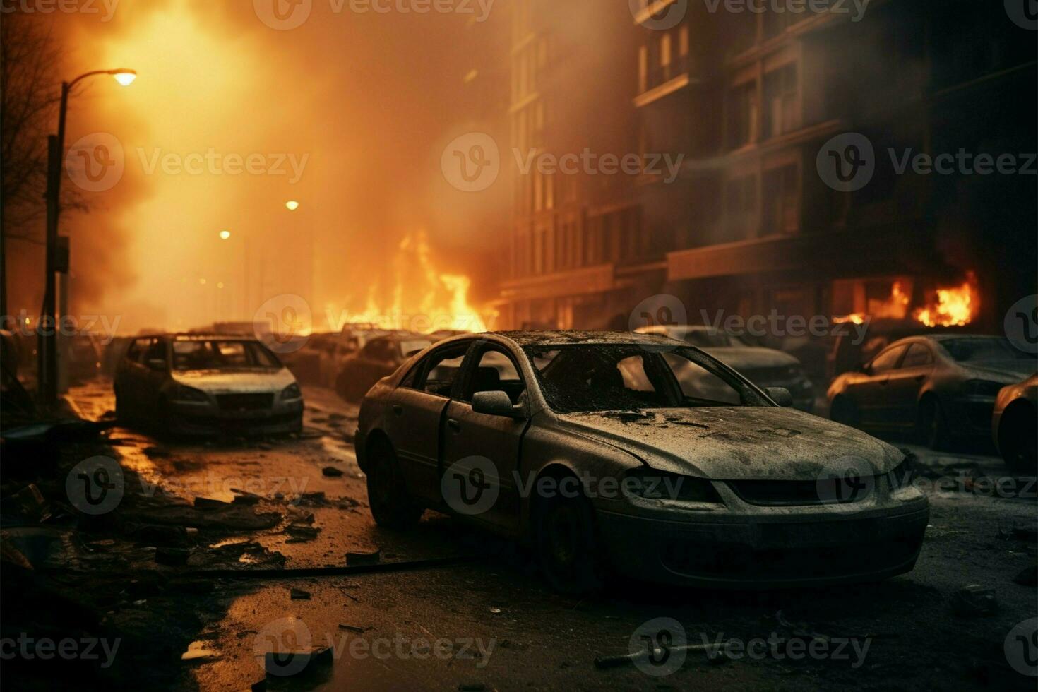 AI generated City emergency Street accident, smoke, car destruction, emergency vehicle response photo