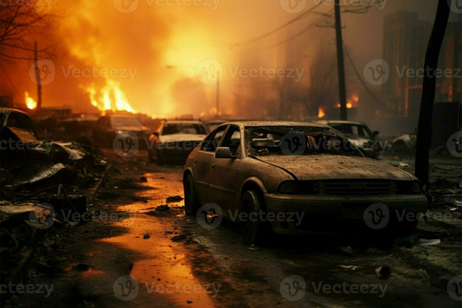 ai generado accidente secuelas calle destrucción, fumar, coche destrucción, emergencia vehículo presencia foto