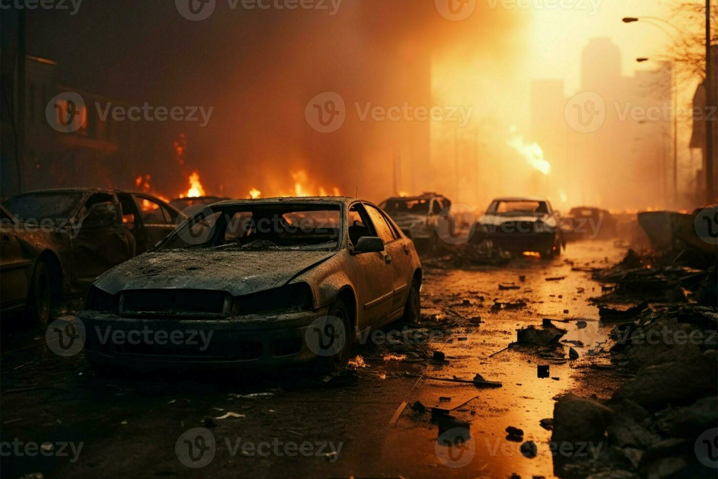 AI generated Accident aftermath Street wreckage, smoke, car destruction, emergency vehicle presence photo